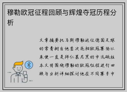 穆勒欧冠征程回顾与辉煌夺冠历程分析